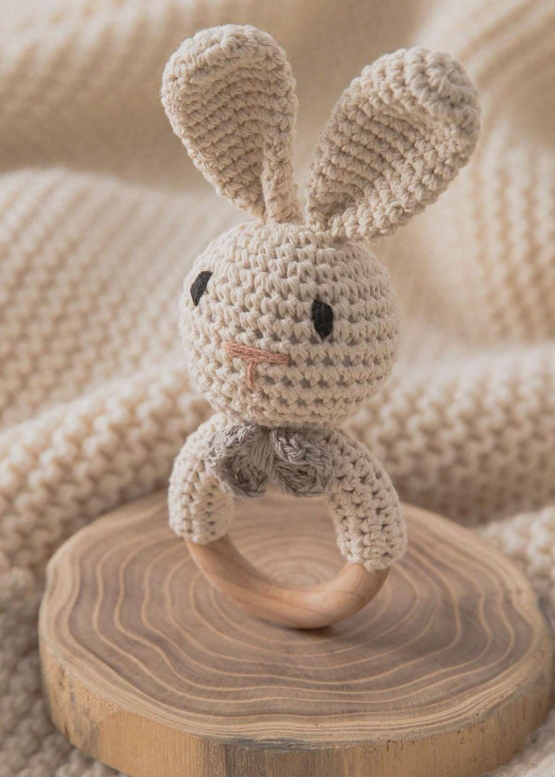 Hand-Knitted Wooden Baby Rattle