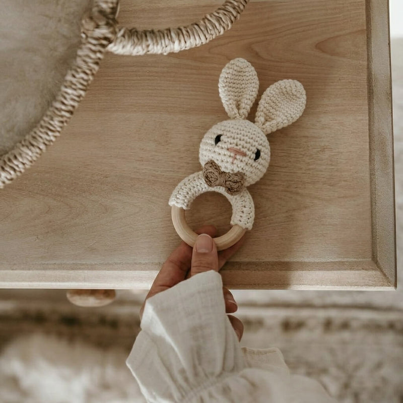 Hand- Woven Crochet Bunny Wooden Teething Ring | Natural Baby Teether with Built in Bell