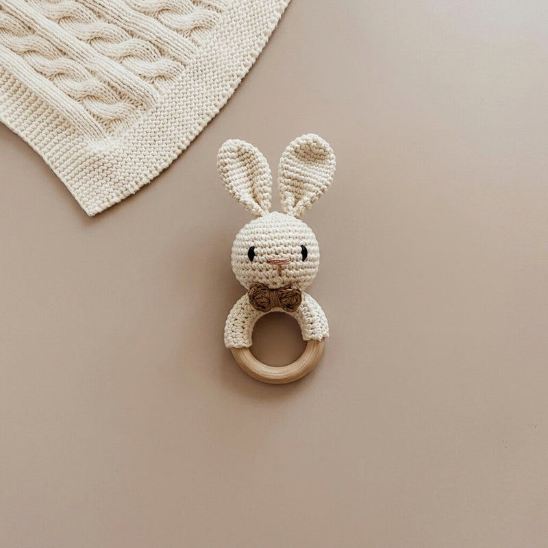 Hand- Woven Crochet Bunny Wooden Teething Ring | Natural Baby Teether with Built in Bell