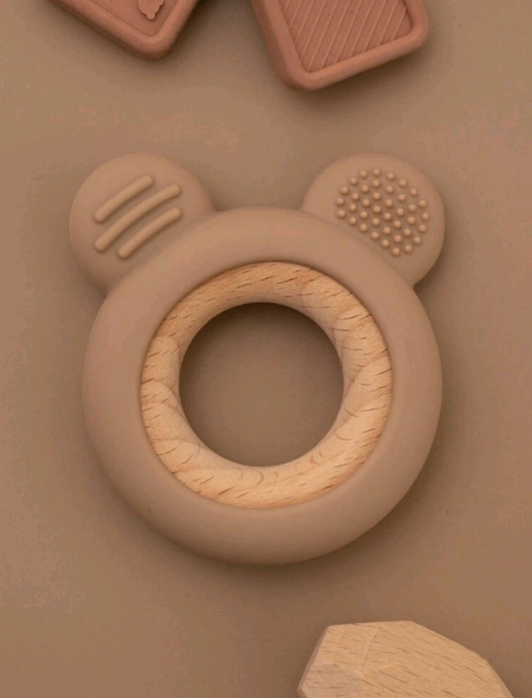 Bear Shaped Brown Silicone and Wooden Teether Ring