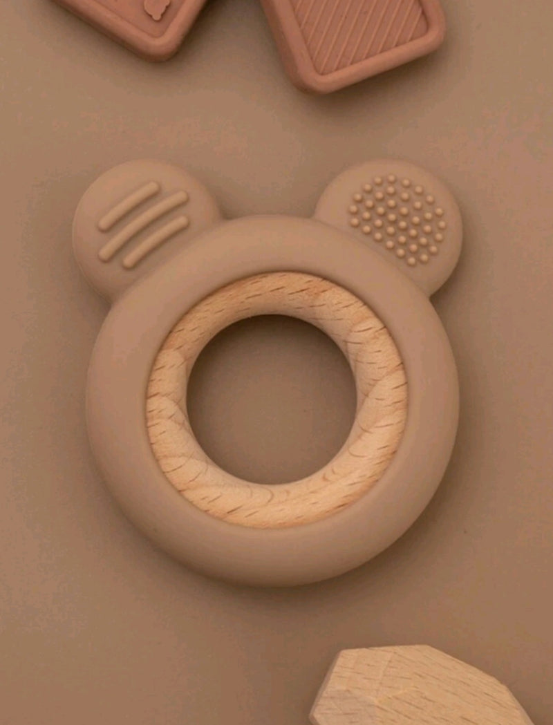 Bear Shaped Brown Silicone and Wooden Teether Ring