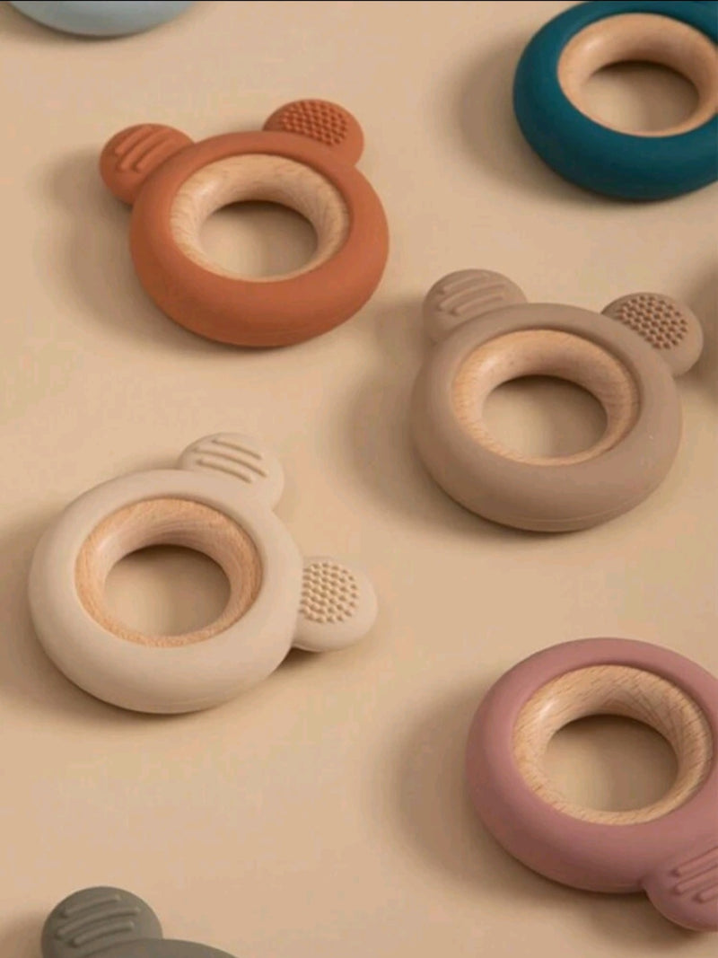 Bear Shaped Brown Silicone and Wooden Teether Ring